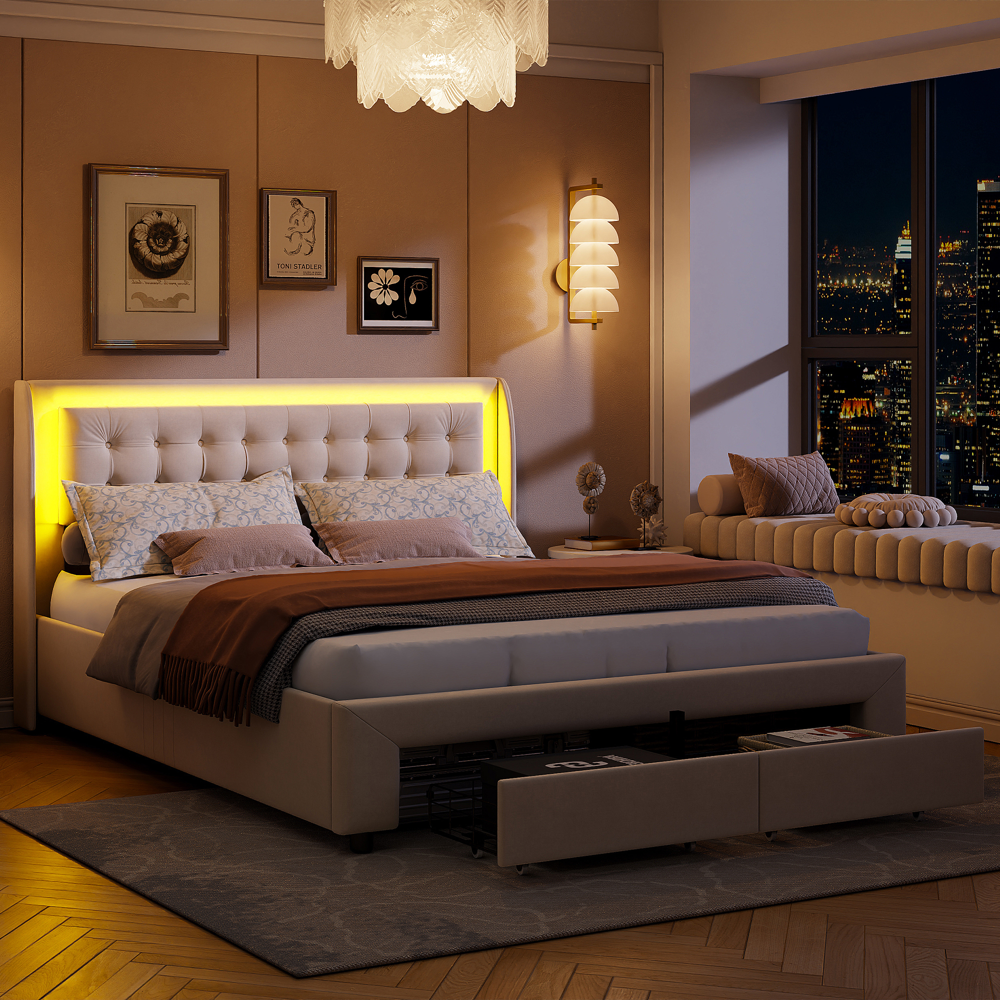Doppelbett 140 x 190 cm, gepolstert mit LED-Beleuchtung, 2 Schubladen und Stauraum, Chesterfield-Stil, eleganter Samt