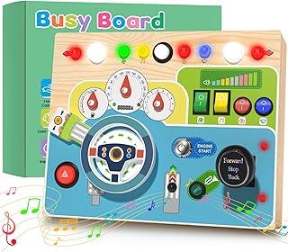 Akhan Busy Board Montessori Spielzeug, Activity Board Holzspielzeug mit Simuliertem Armaturenbrett und LED-Lichtschalter, Sensorik Spielzeug Motorikspielzeug für 1 2 3 4 Jahre Jungen und Mädchen 174863729