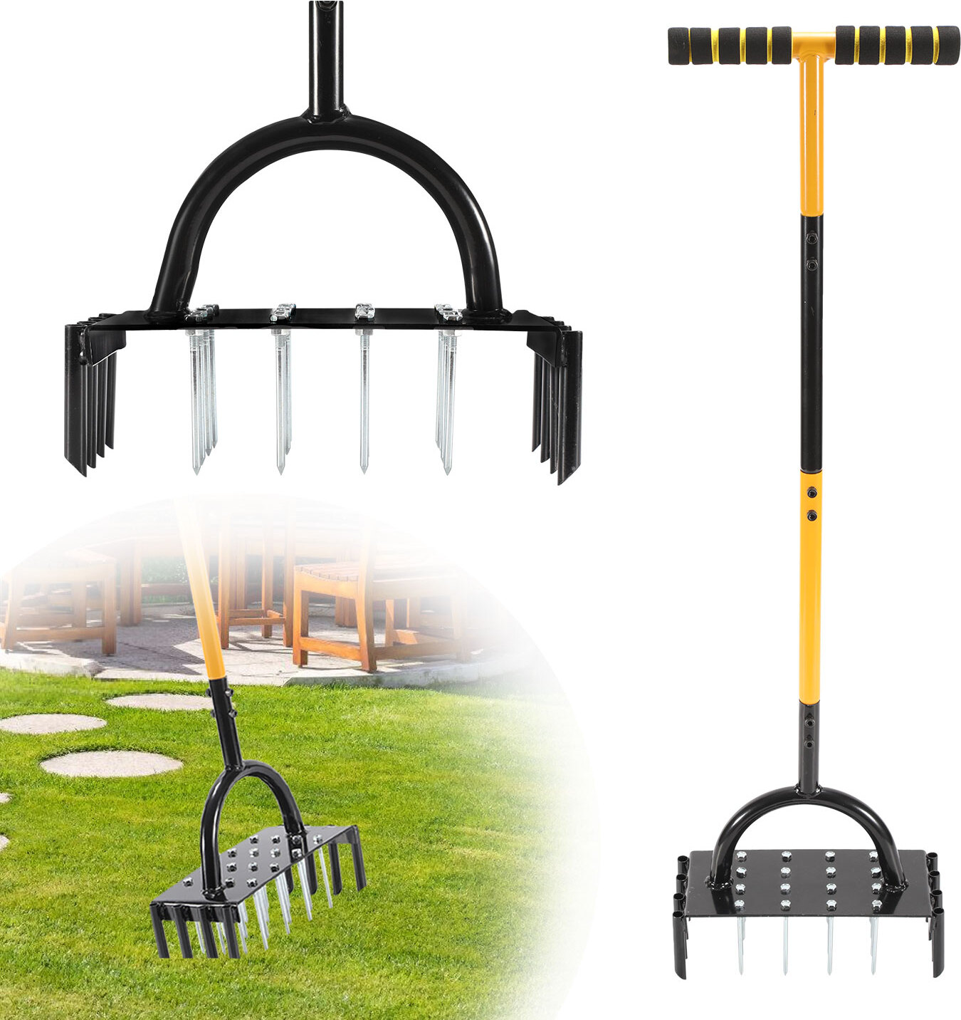 Jayseuw Rasenlüfter Gartenkultivator 2 in 1 Gartenkralle Handaerifizierer mit ergonomischem T-Griff, Bodenkralle Unkrautkralle Bodenlockerer Aerifizierer für Rasen RL-HG10129-1-EOb