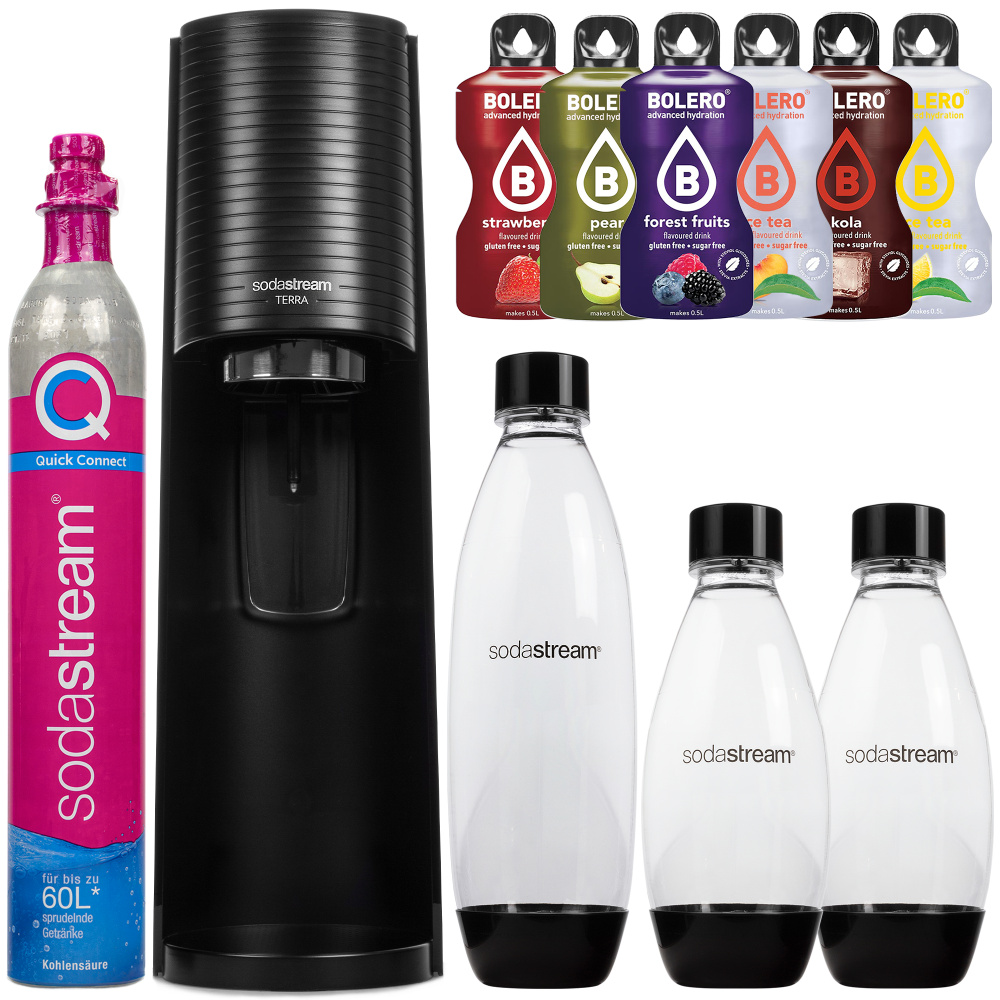 Výrobník sódy SodaStream Terra Black + 1 fľaša Black 1L + 2x fľaše SodaStream FUSE 0,5L Black + Bolero