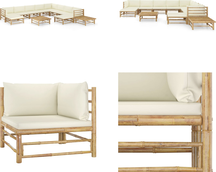 vidaXL 12-dielna záhradná súprava s krémovo bielymi vankúšmi bambus - Záhradná súprava - Záhradné súpravy - Záhradný nábytok - Súprava záhradného nábytku