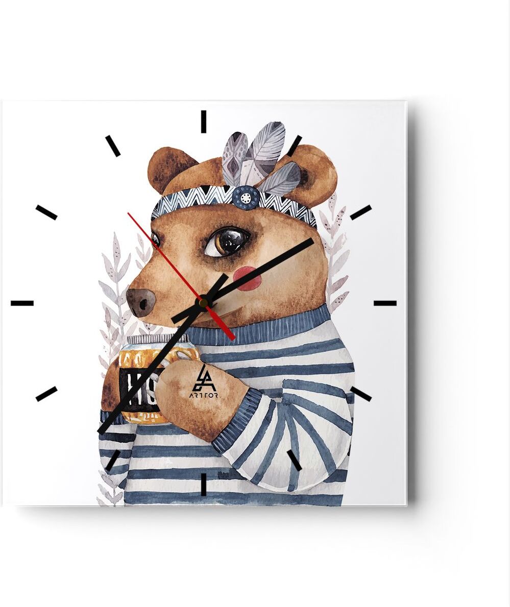 Arttor Wanduhr - Quadrat - Glasuhr - Anthropomorphisierung Bär Kinder - 30x30cm - Schleichendes Uhrwerk - Lautlos - zum Aufhängen bereit - Dekoration Modern - Wanddekoration aus Glas - C3AC30x30-4367