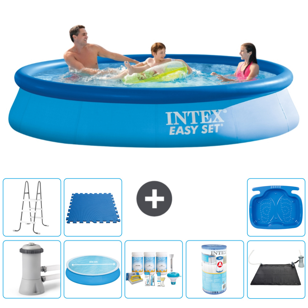 Okrúhly nafukovací bazén Intex Easy Set - 366 x 76 cm - modrý - vrátane markízy s čerpadlom - balík na údržbu - filter - solárna podložka - rebrík - vaňa na nohy