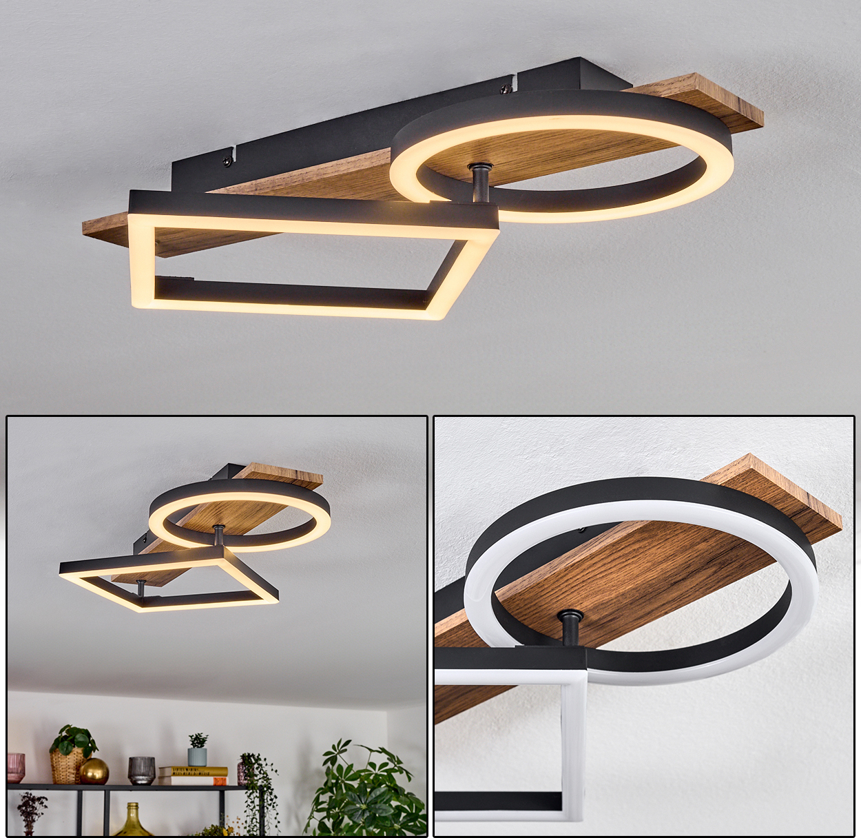 hofstein Pigge Deckenlampe aus Metall/Holz/Kunststoff in Schwarz/Braun/Weiß H3988084