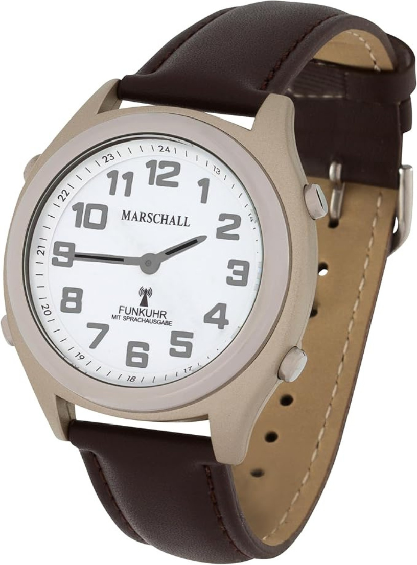 Marschall Sprechende Funk-Armbanduhr weiß Damen / Herren Sprachausgabe Lederarmband