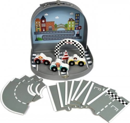 Adam Toys AdamToys Rennbahn 3 Autos Koffer Set 12 Teile Rennstrecke Bahnstrecke Fahrzeuge Spielbahn Kinderbahn