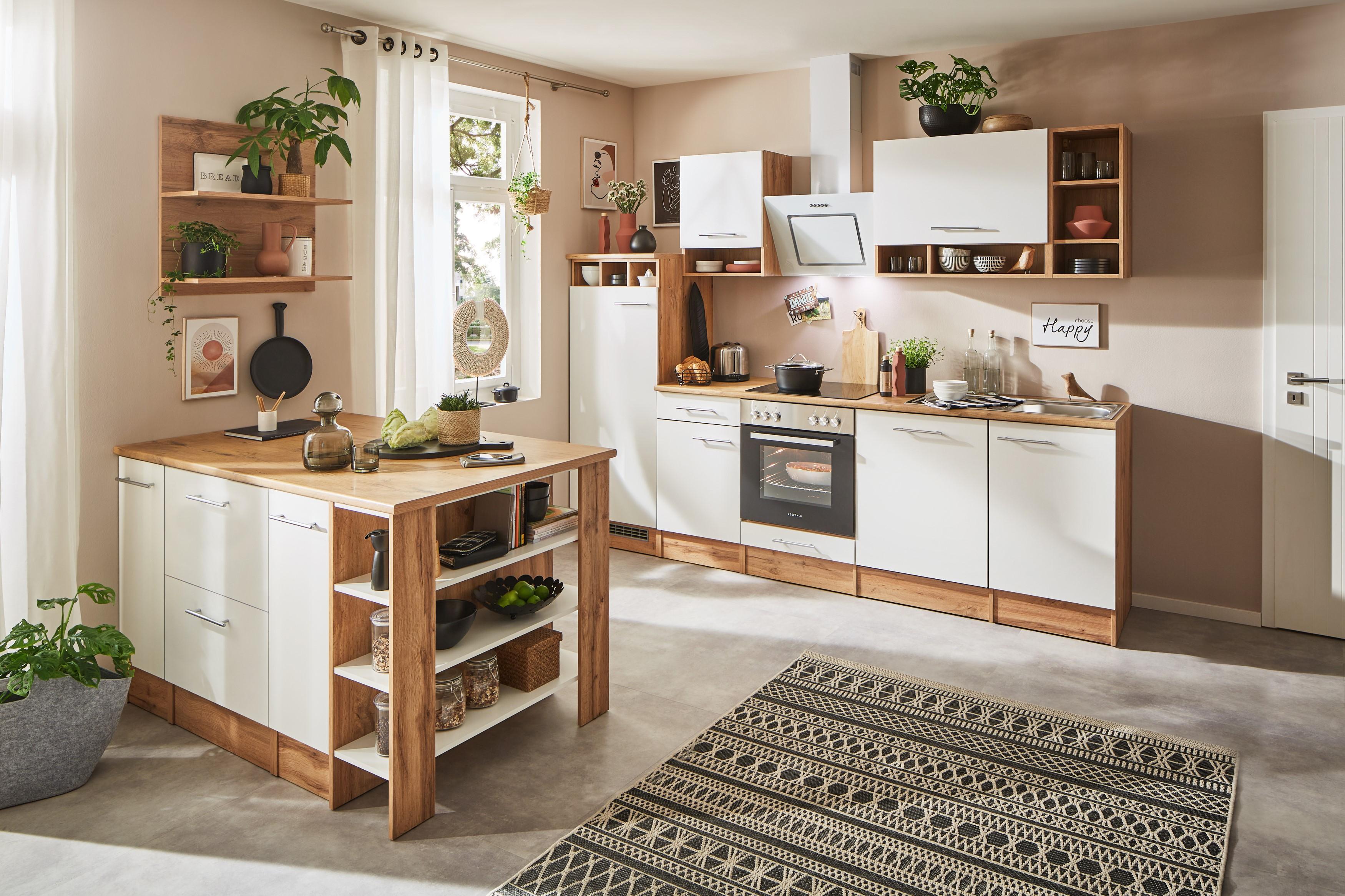 Küche Küchenzeile Inselküche Einbauküche Eiche Weiß Hilde 280 cm Respekta BEKBI280EWC