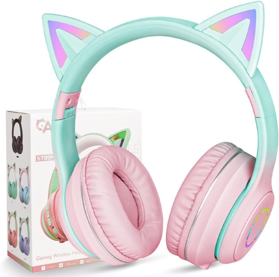 Slúchadlá pre deti, detské slúchadlá Bluetooth, dievčenské slúchadlá Cat Ear Over-Ear s LED svetlom Skladacie stereo slúchadlá Wireless, slúchadlá pre deti