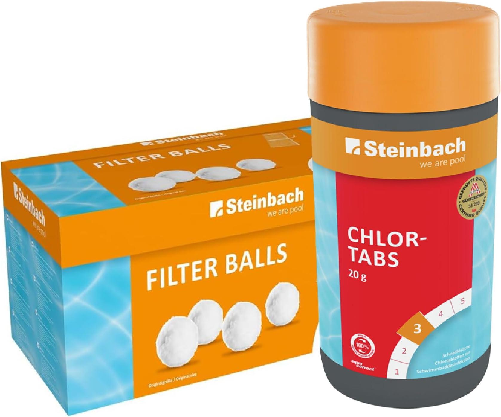 Steinbach Poolpflege-Set | Chlortabs (20g) 1 kg & Filter Balls 700 g | Schockchlorung & Wasserdesinfektion | Filterbälle ersetzt Filtersand | kristallklares Poolwasser ohne Rückstände