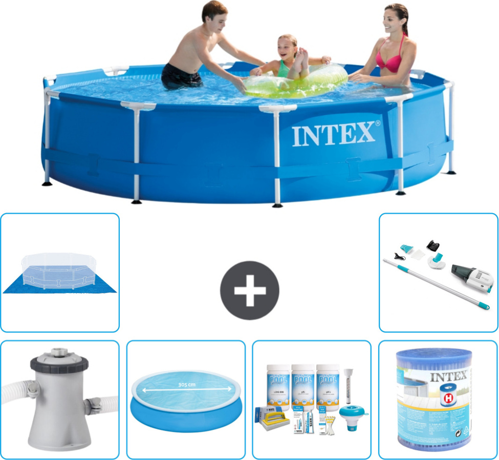 Bazén s okrúhlym rámom Intex - 305 x 76 cm - modrý - vrátane markízy s čerpadlom - balík na údržbu - filter - krycia plachta - vysávač