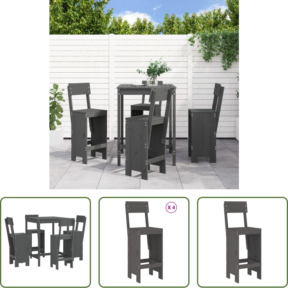 The Living Store 5-dielny záhradný barový set sivý z masívneho borovicového dreva