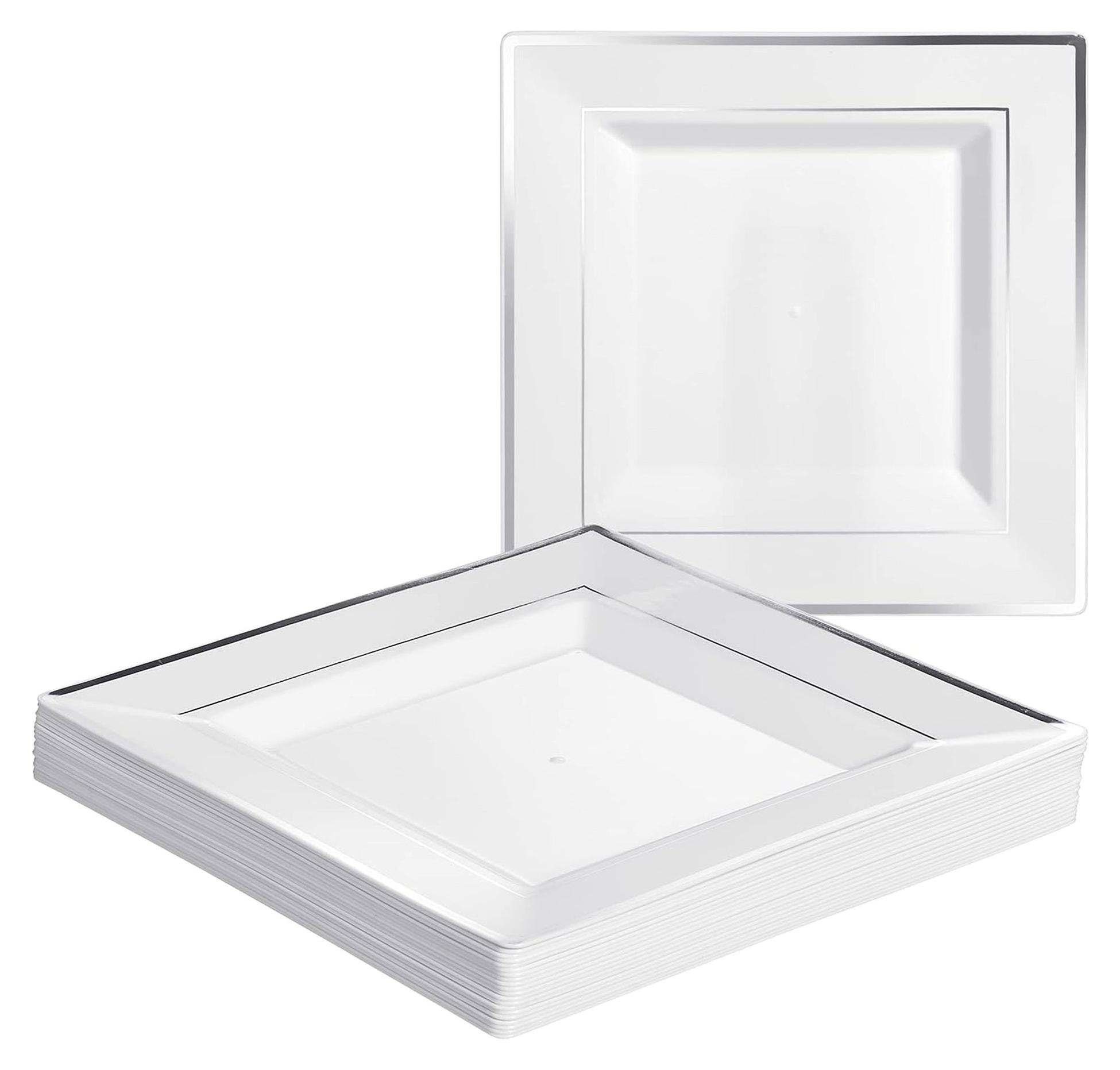 Markenlos 40 Weiße Plastikteller mit Silbernem Rand (Eckig, 24 cm) - Mehrweg Kunststoffteller für Hochzeiten, Geburtstage, Partys - Elegantes Partygeschirr