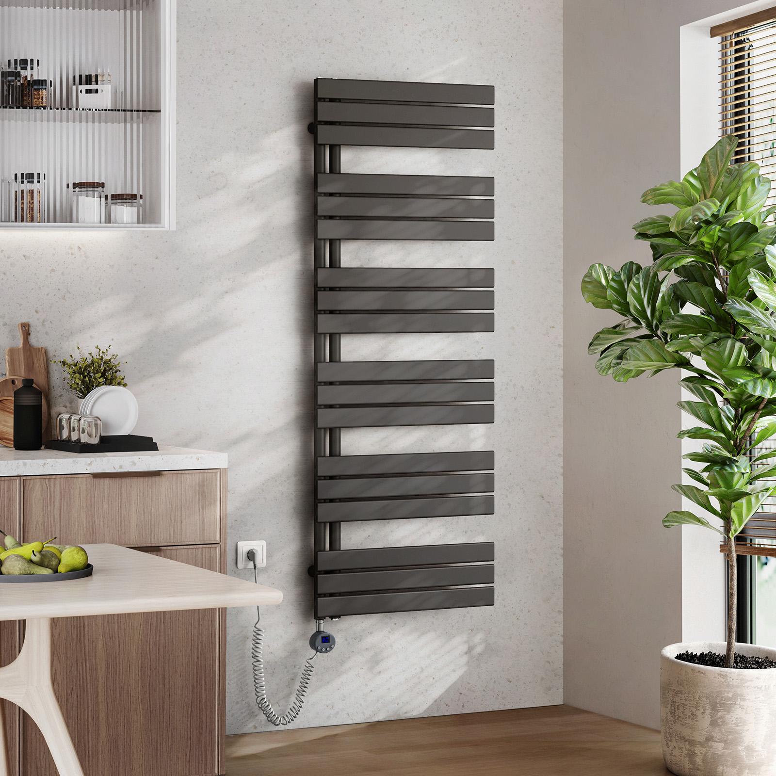 Elektrický kúpeľňový radiátor EMKE s termostatom na ohrev uterákov s wifi ovládaním 1599 x 600 mm antracitový držiak na uteráky so 100W vykurovacím telesom sušič uterákov