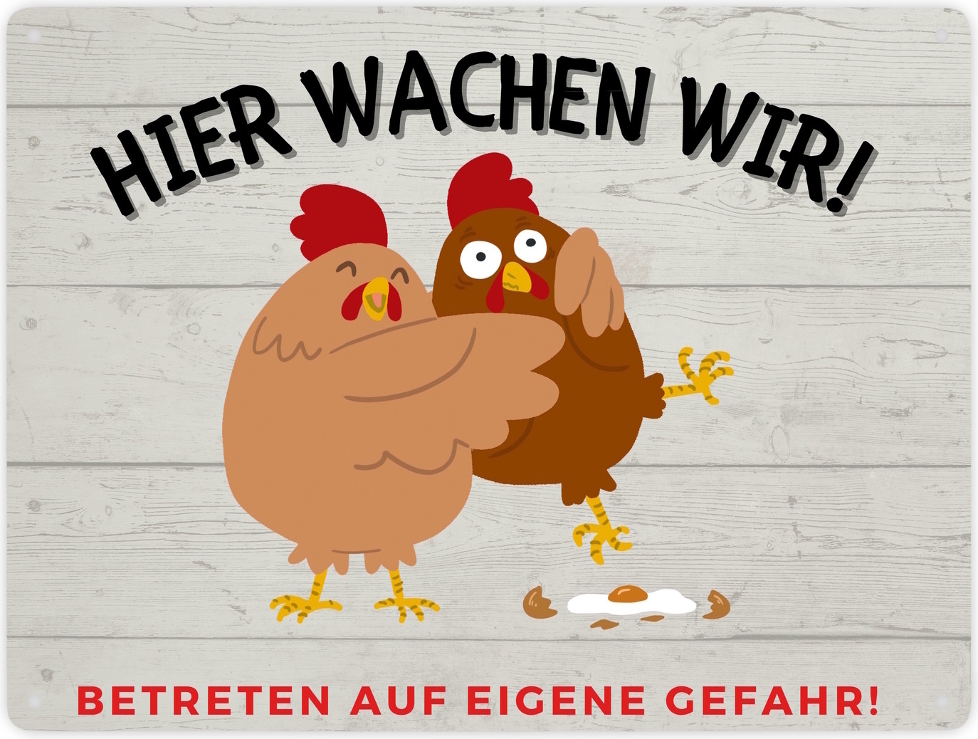 speecheese Hühner Metallschild XXL in 28x38 cm mit Spruch Hier wachen wir Betreten auf