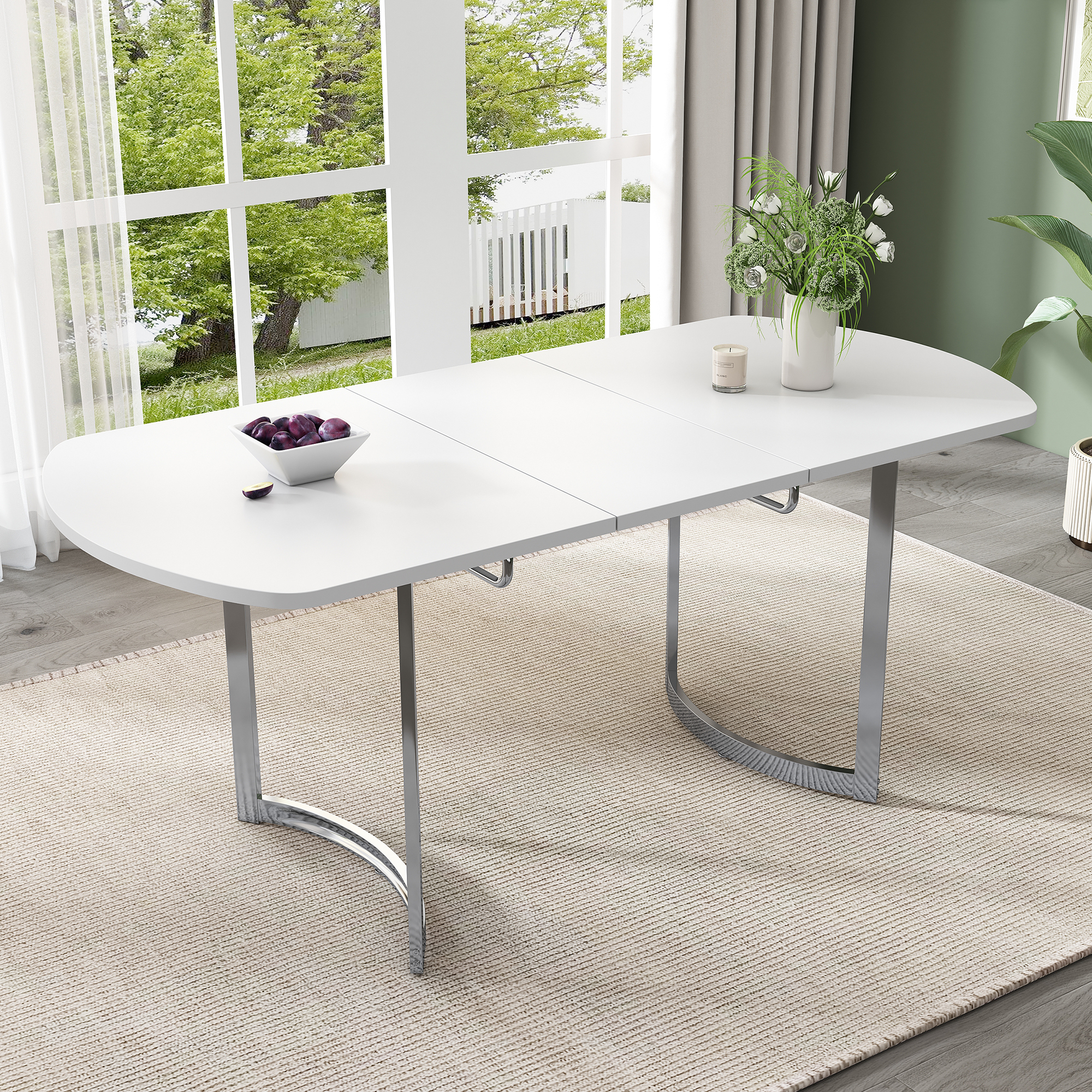 Abrihome Ausziehbarer Esstisch 140/180x80 cm für 4–6 Personen mit Versilberte Beine, Hochfeste Legierungsmaterialien, Weiß