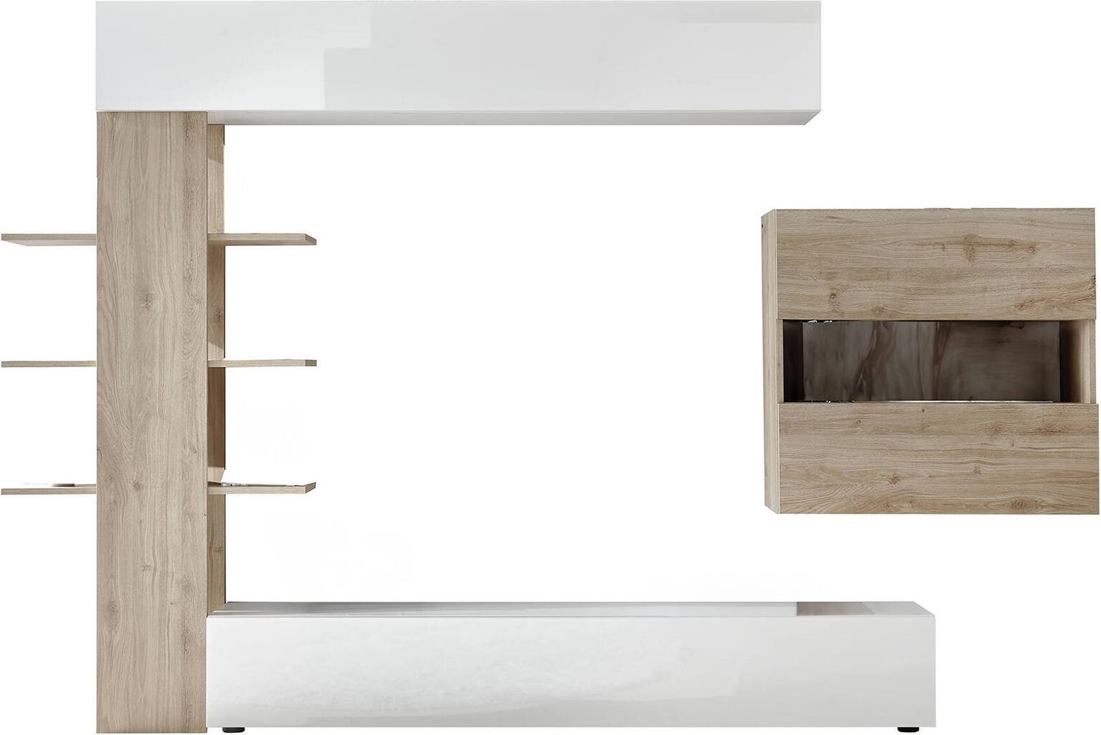 Wohnzimmermöbel Aragosta, Modulares Wohnzimmerset, Mehrzweck-Wohnzimmermöbel, TV-Schrank, Italy, 295x30 h187 cm, Glänzendes Weiß und Eiche