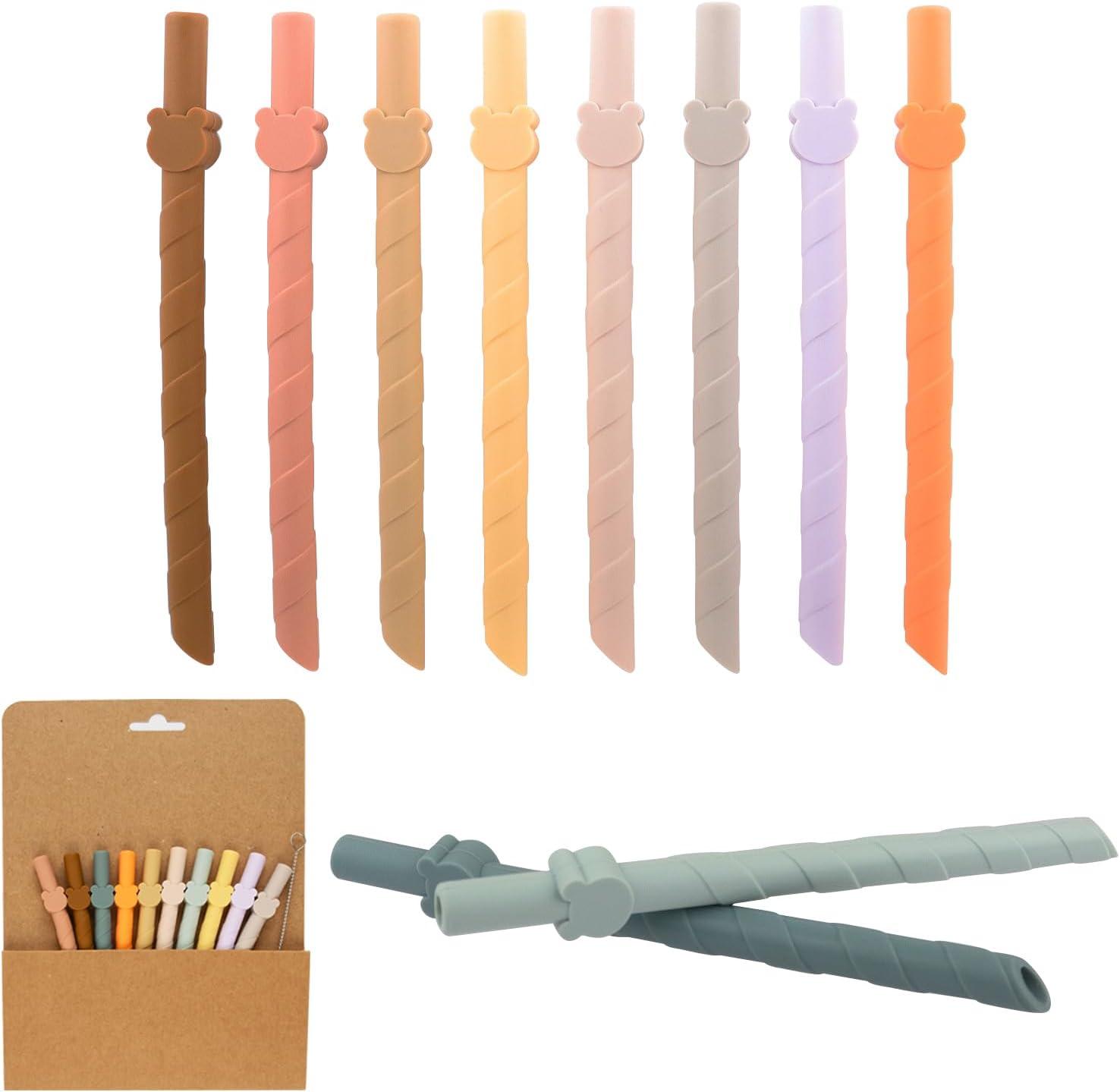 oCreon Silikonstrohhalme – 10 Stück Strohhalme mit Halterung – Reinigungsbürste – 13,8 cm lange Strohhalme – Wiederverwendbar – 9 mm breit – Gerade Strohhalme – BPA-frei