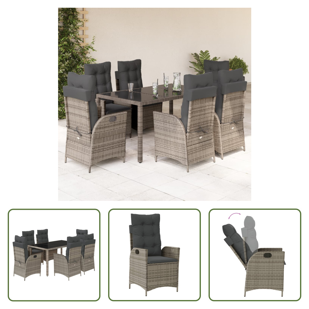 The Living Store 7-dielny záhradný jedálenský set s vankúšmi sivý polyratan