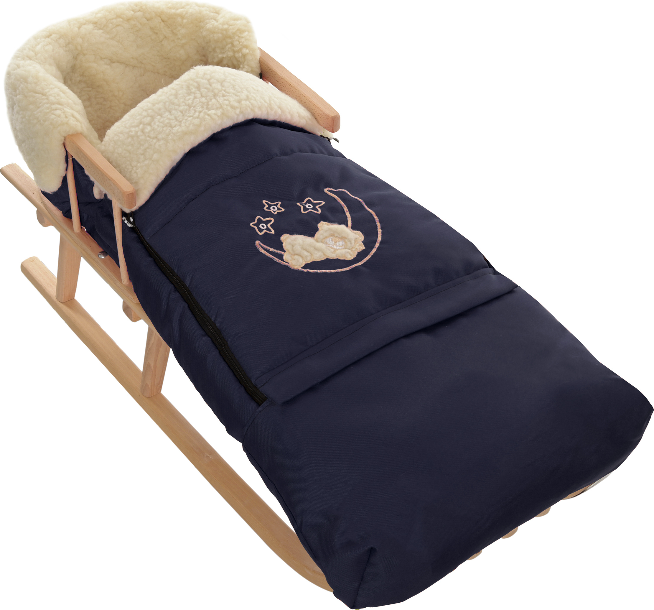 Goldkids Holzschlitten Kinderschlitten aus Buchenholz Rückenlehne inkl. Zugseil + Winterfußsack Schlittensack Fußsack Blau Schlitten Kinderwagen