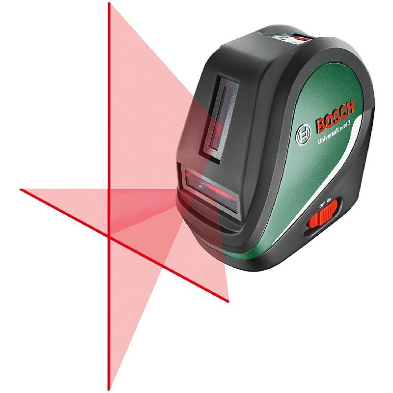 Bosch Laser de Kreuzlinien UniversalLevel 3, 3 Laserlinien, inkl. Vertikallinie a 90° für una Zusätzliche Kreuzlinie an Decke und Punkt de Lot zum Boden für una Präzise Ausrichtung 0603663900