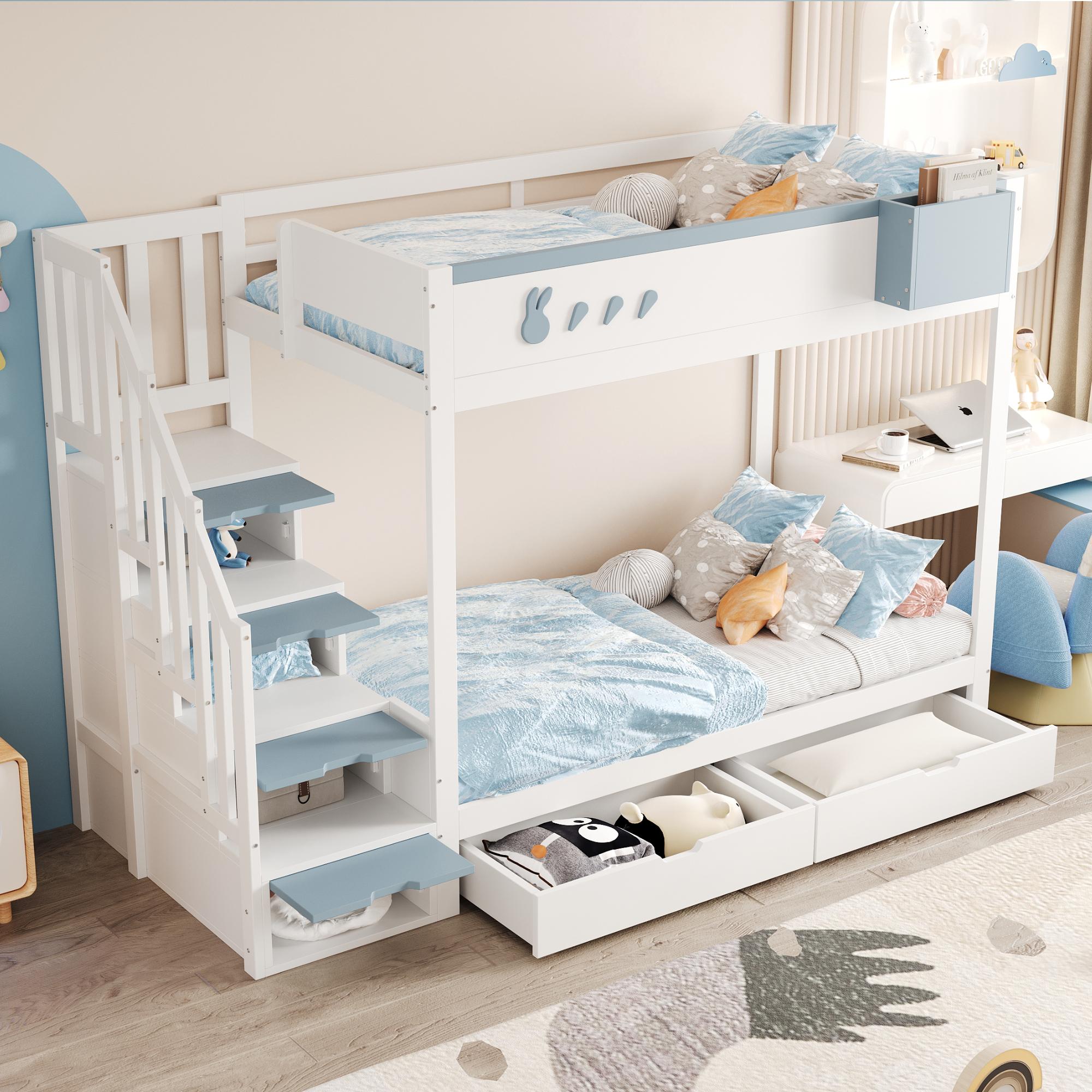 okwish Etagenbett mit zwei Matratze 90×200 Kinderbett mit Kaninchen-und Karottenmotiven,Holzbett Jugendbett mit abnehmbarem Ablagefach und Schubladen,Weiß+Blau