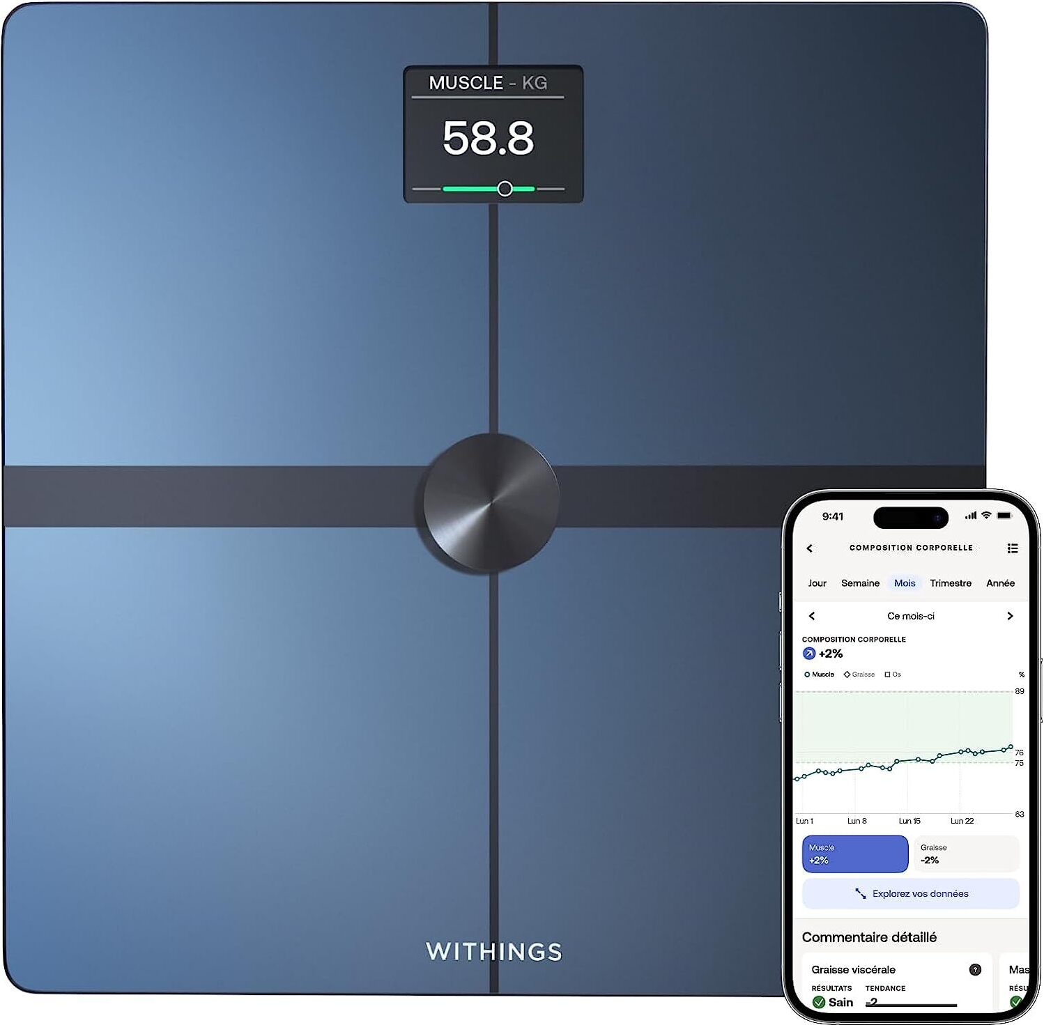 WITHINGS Body Smart - WIFI-Anschlusswaage, BIA-Personenwaage, Analyse der Körperzusammensetzung, Körperfett, Muskelmasse, Wasseranteil, BMI, Gewicht WBS13-BLK