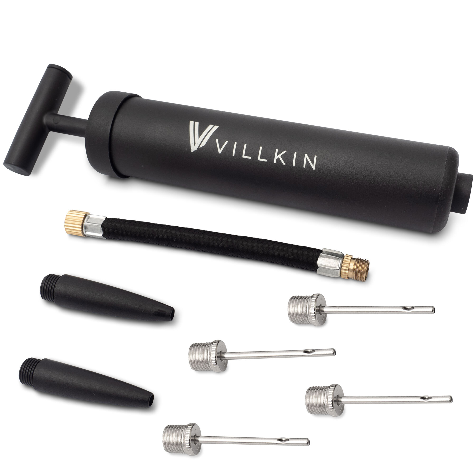 Kaiserwerk GmbH Villkin Ballpumpe mit Nadelfach – Kompaktes Set mit 4 Metall- & 2 Kunststoffnadeln | Inkl. Flexibler Schlauch | Für Fußbälle, Basketbälle & mehr