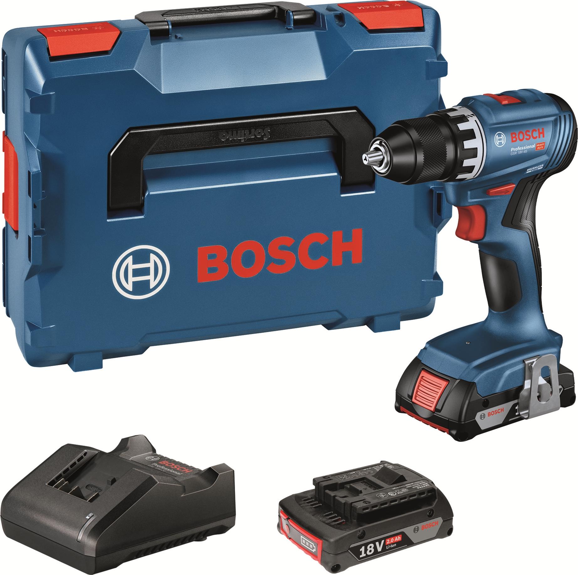Bosch GSR 18V-45 Professional - vŕtačka/skrutkovač - akumulátorový - 2 rýchlosti - vŕtacie skľučovadlo 13 mm - 45 N-m - 2 batérie, nabíjačka v balení - 18 V (06019K3203)