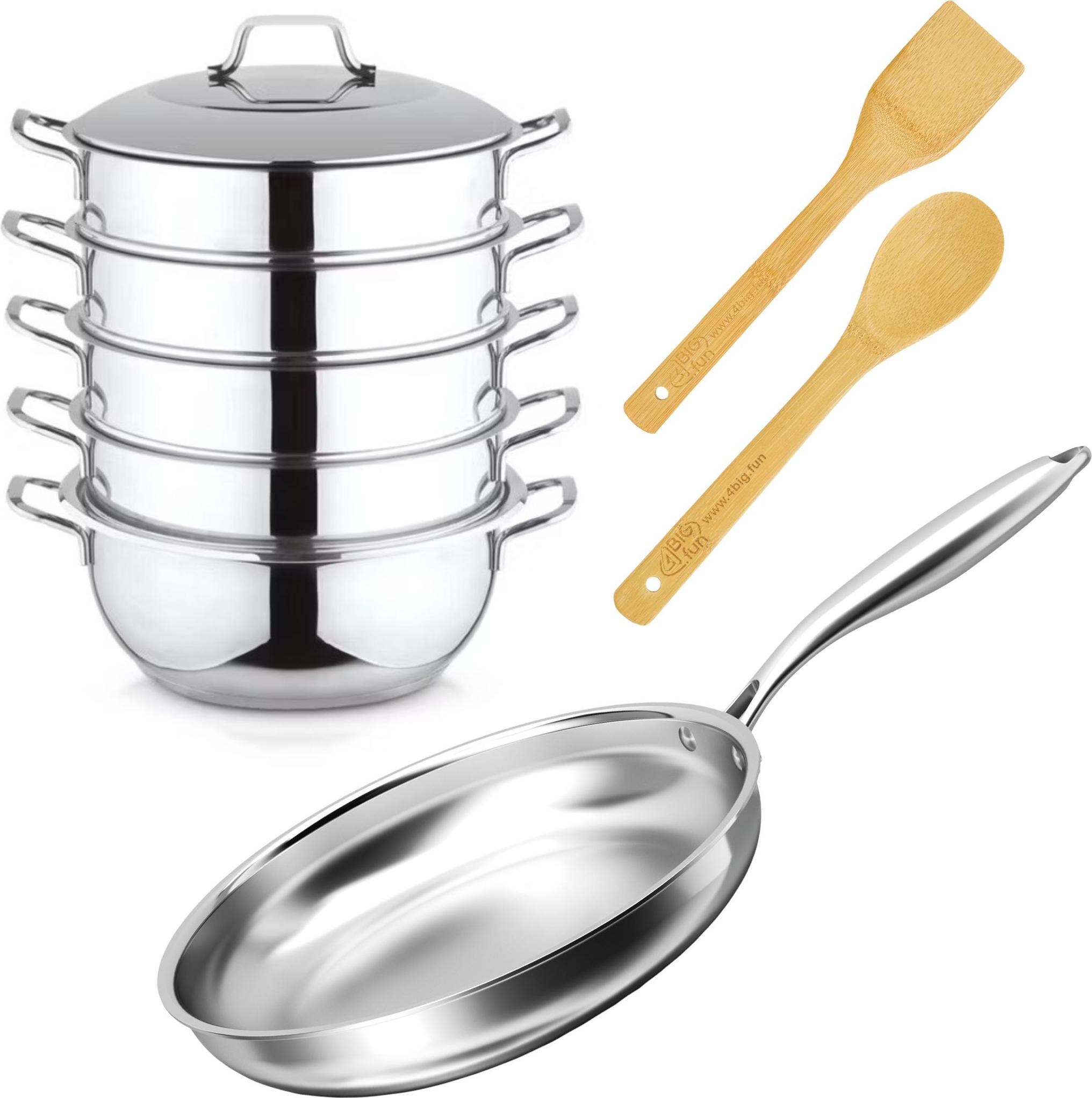 BIG-PAN Edelstahl Kochset 28 cm Dampfkocher mit Pfanne Mantowarka Deckel Gardampfkochtopf Mantykocher Bratpfanne Induktion CF - 3PLYFP28 + Mantowarka 28 + PW-B + KL-B