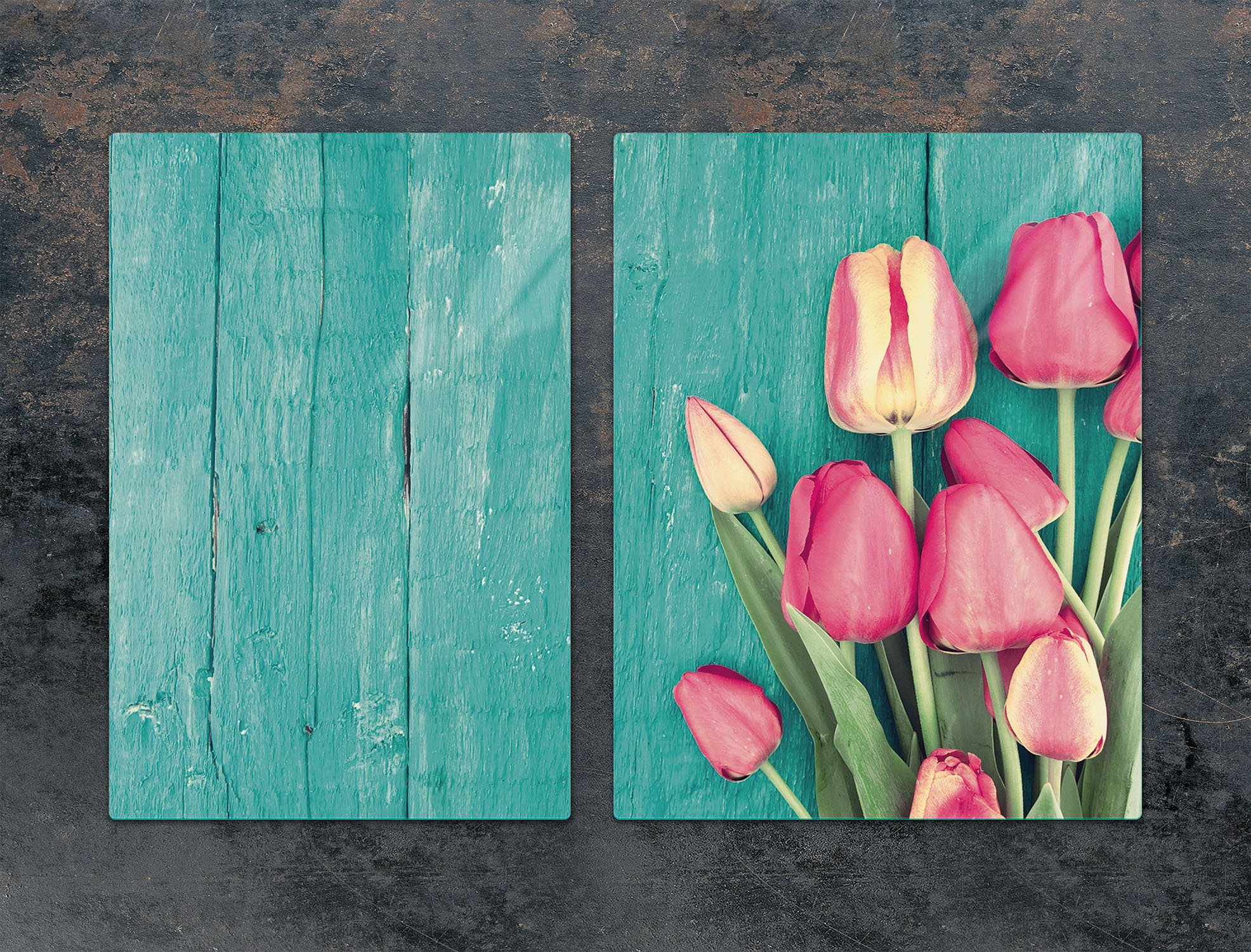TMK ArtDeko Herdabdeckplatten 2 teilig 75x52 Ceranfeld Abdeckung Glas Schneidebrett Tulpen Türkis