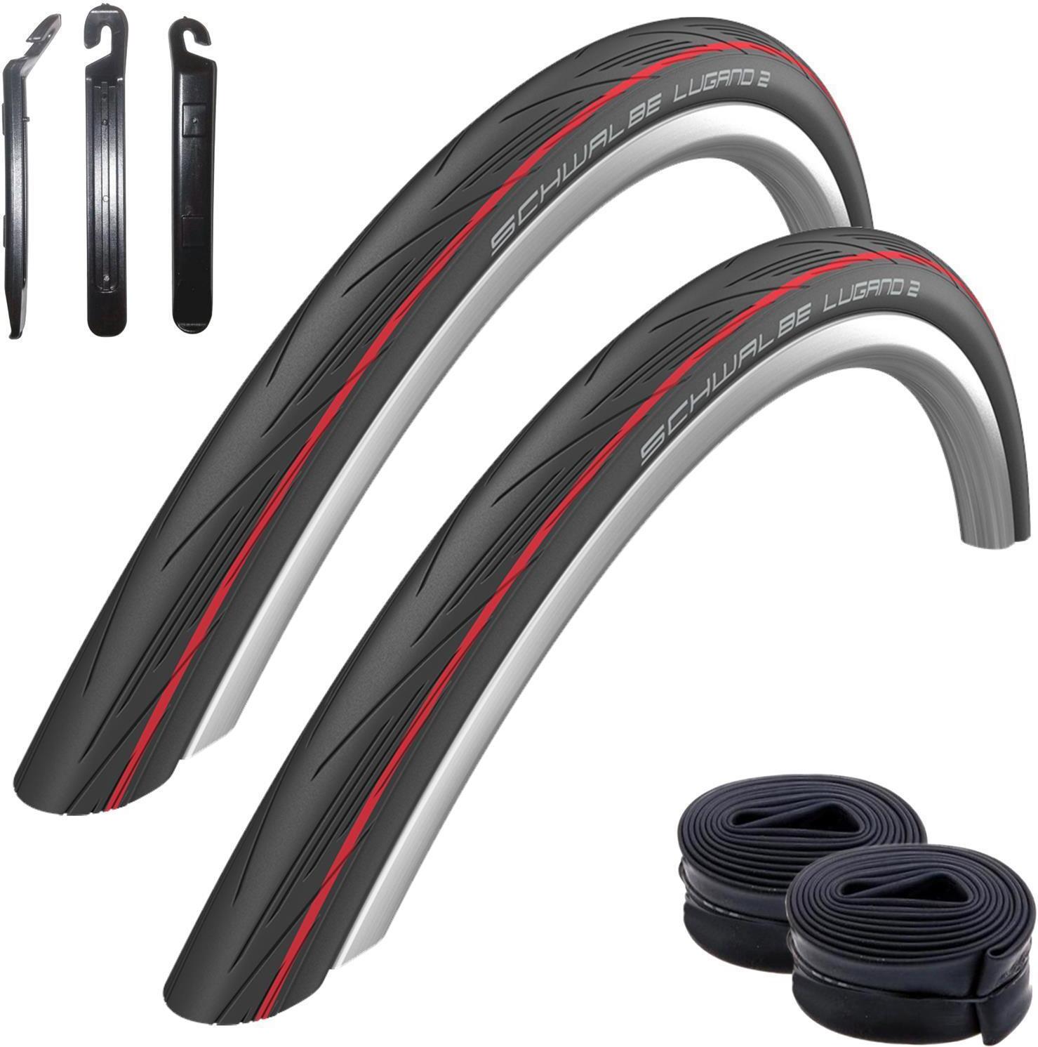 Schwalbe Lugano 2 Rennradreifen – 2x Reifen + 2 Schläuche | 700x25C | Schwarz Mit Rotem Streifen