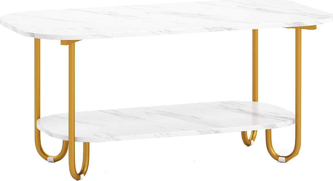 GOPLUS Couchtisch Marmor Optik, Kaffeetisch mit 2 Ebenen, Wohnzimmertisch mit Metallrahmen & offenem Ablagefach, Sofatisch Mitteltisch, Weiß