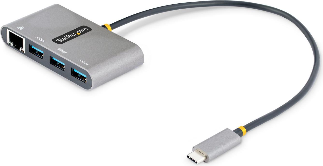 StarTech.com 3-portový rozbočovač USB-C s ethernetom, 3x porty USB-A, gigabitový ethernet, USB3.0 5Gb/s, napájanie zo zbernice, rozbočovač USB typu C s