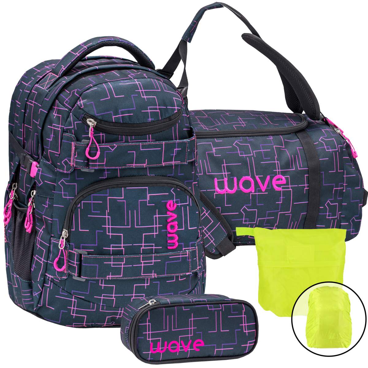 Wave Schulrucksack Set Mädchen Jungen 4tlg mit Sporttasche Schlamper Regenschutz Wave Schulrucksack Set Mädchen Jungen 4tlg mit Sporttasche Schlamper Regenschutz