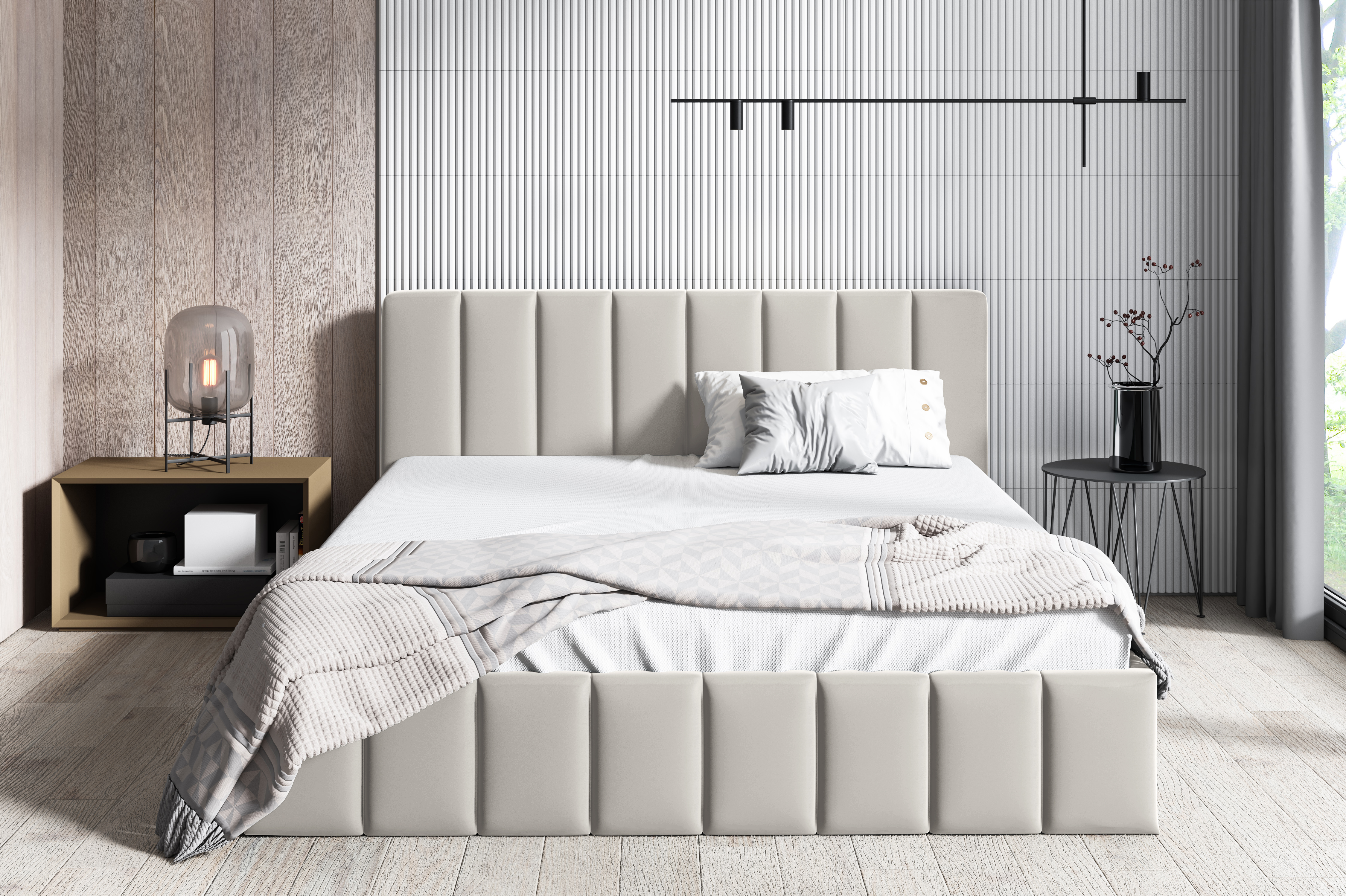 Posteľ Čalúnená posteľ 200x200cm Béžová kovová lamelová posteľ s úložným boxom a úložným priestorom