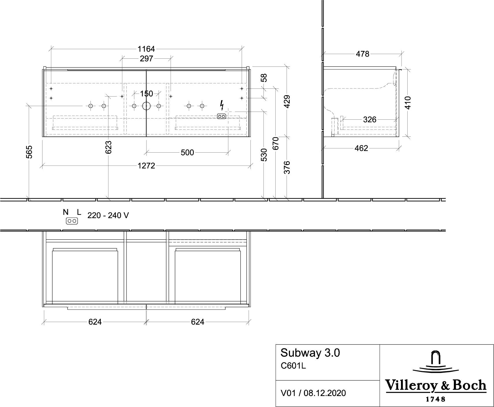 Villeroy & Boch Subway 3.0 Waschbeckenunterschrank, LED-Beleuchtung, 2 Auszüge, Waschbecken mittig, 1272x429x478mm, C601L0VQ Image