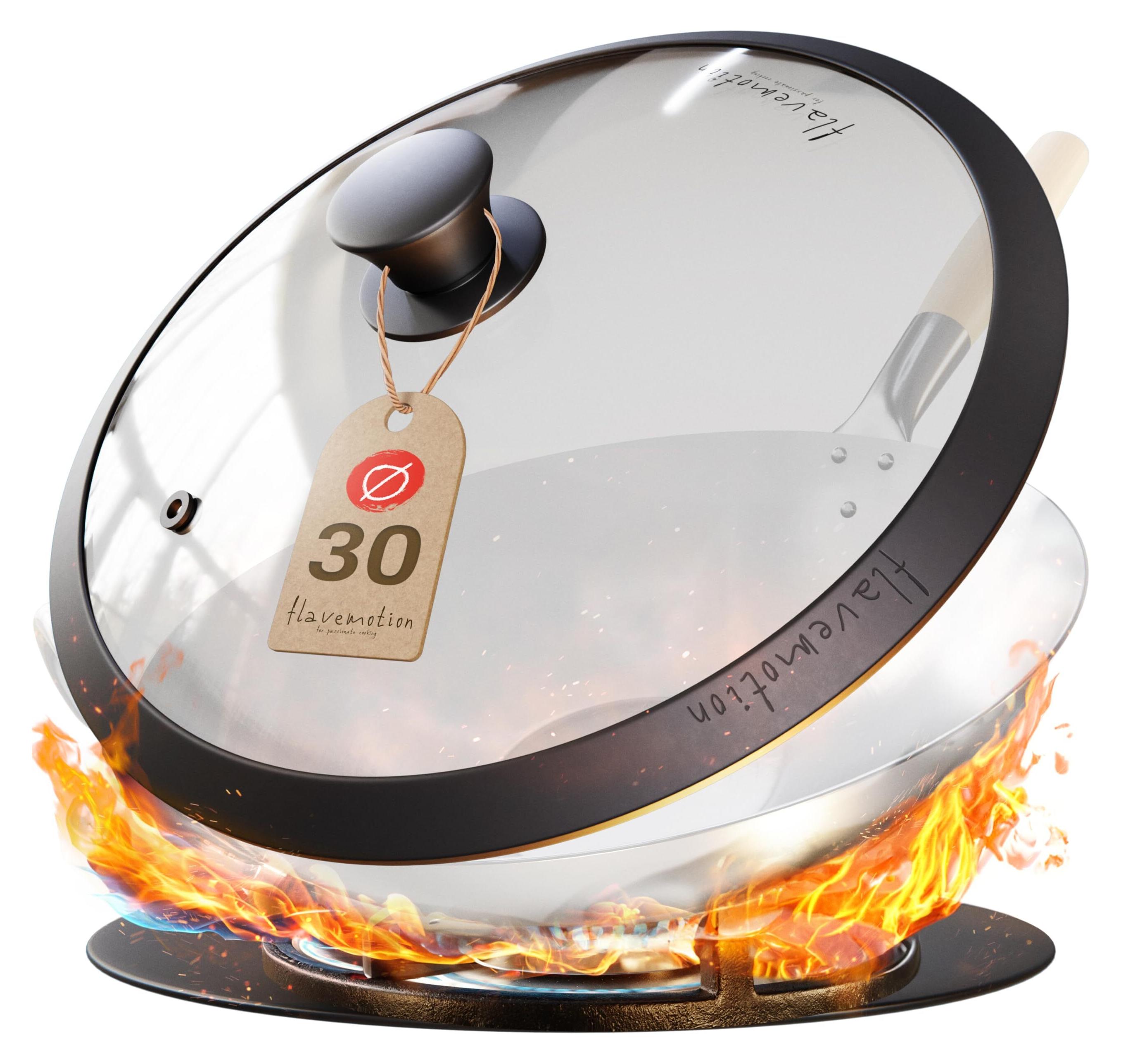 Flavemotion Wok Deckel (30cm) für traditionelle Stahlwoks und Wokpfannen von Flavemotion - Bruchsicheres Glas mit Silikonrand und Dampfauslass KRZ-118