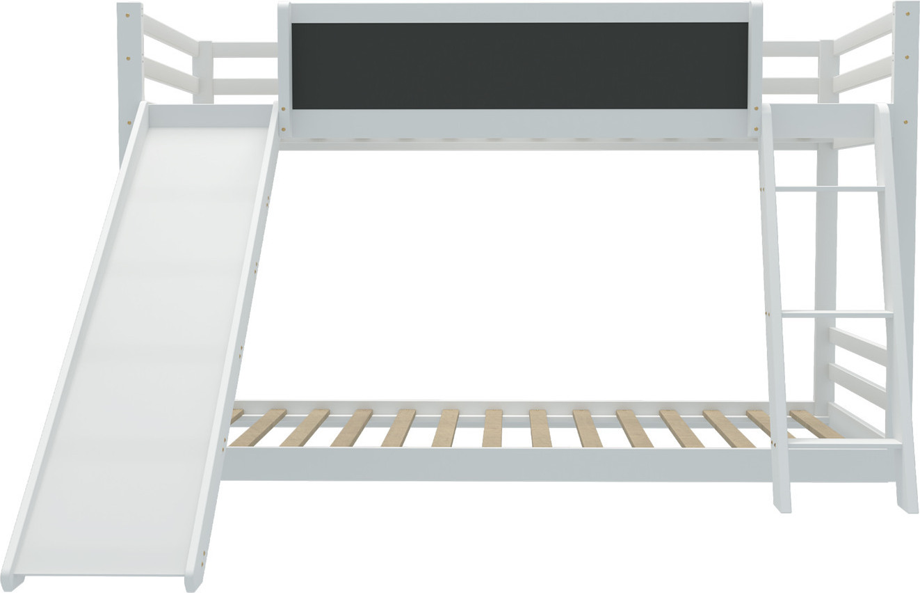 Doppelbett mit Treppe und Rutschen,Bett mit Zaun, Bett mit Kinderkreißbrett, umweltfreundliches Massivholz, weiß