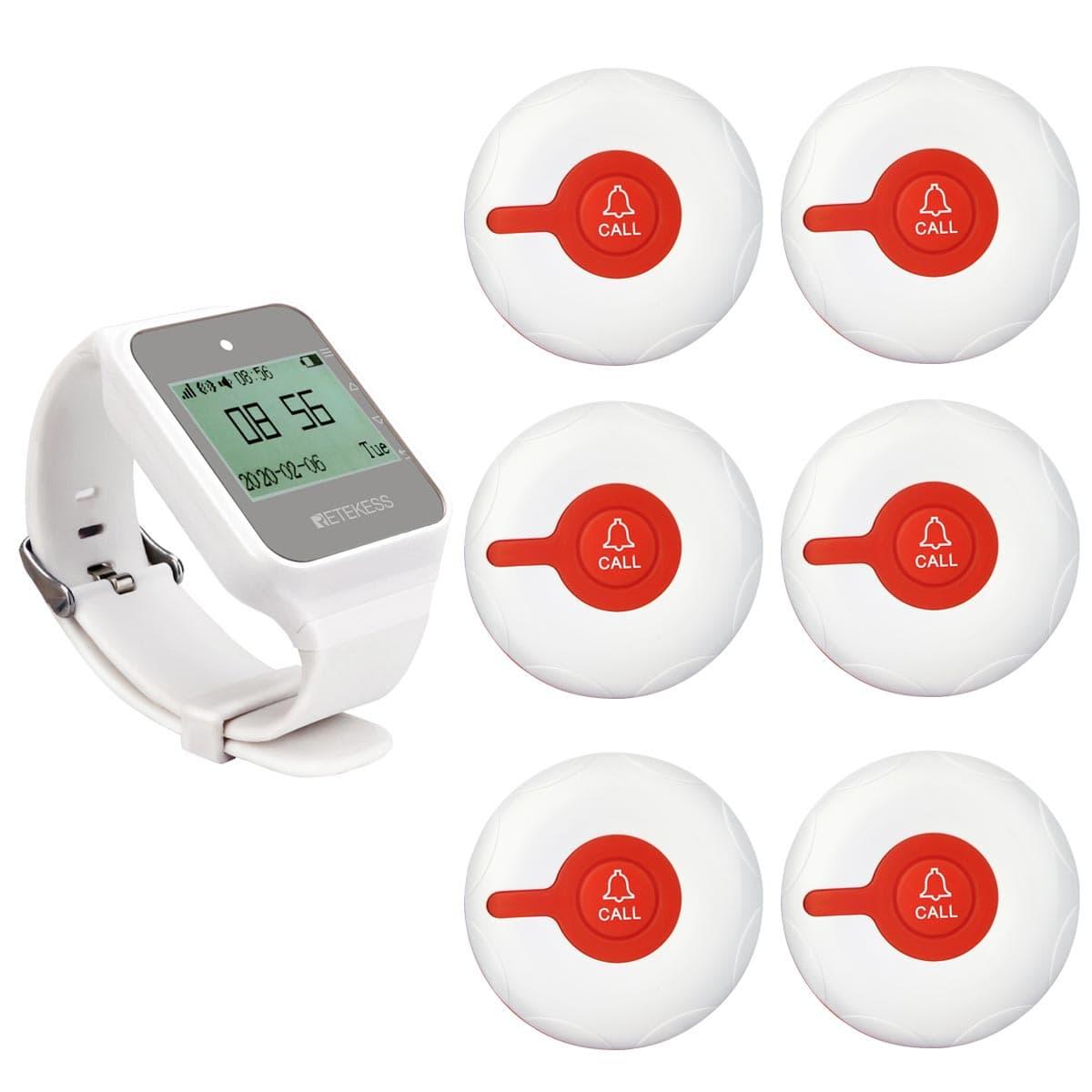 Retekess TD108-TD009 Wireless Notrufsystem, Uhrenempfänger, wasserdichte Ruftaste, Uhrenempfänger unterstützt Englisch, Portugiesis EUF9464AX6-F9466A