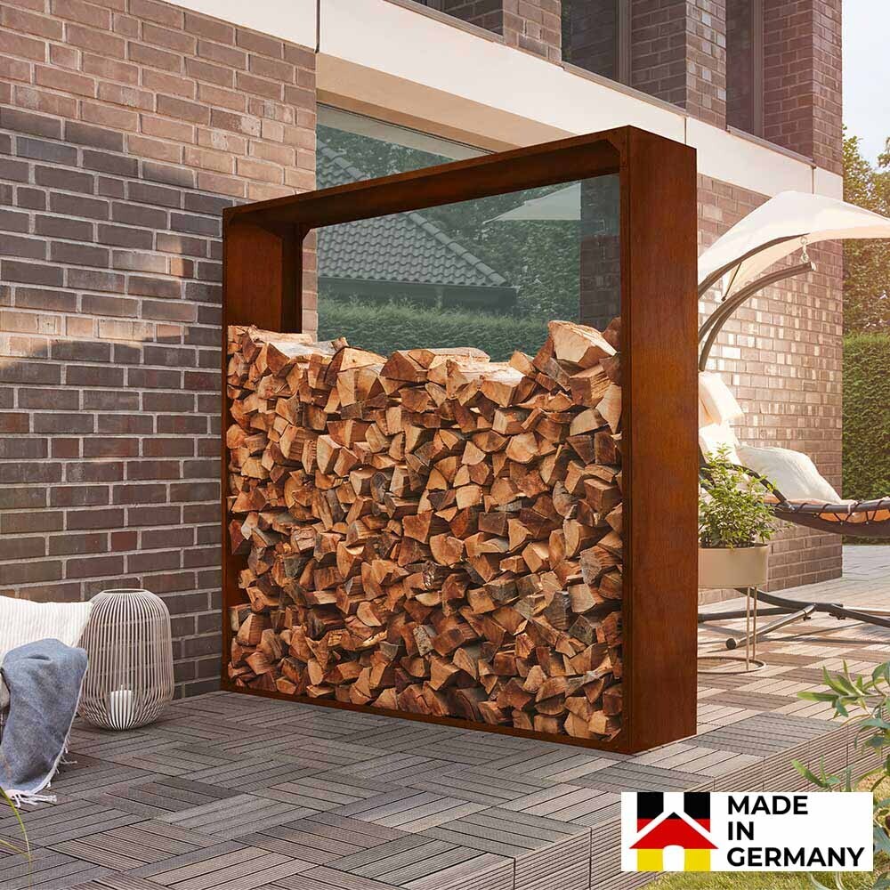 HOME DELUXE - Holzlager NANGA - 180x180x38 cm, wetterbeständig, edle Rostoptik I Holzlager Brennholzlager Kaminholzregal 35679