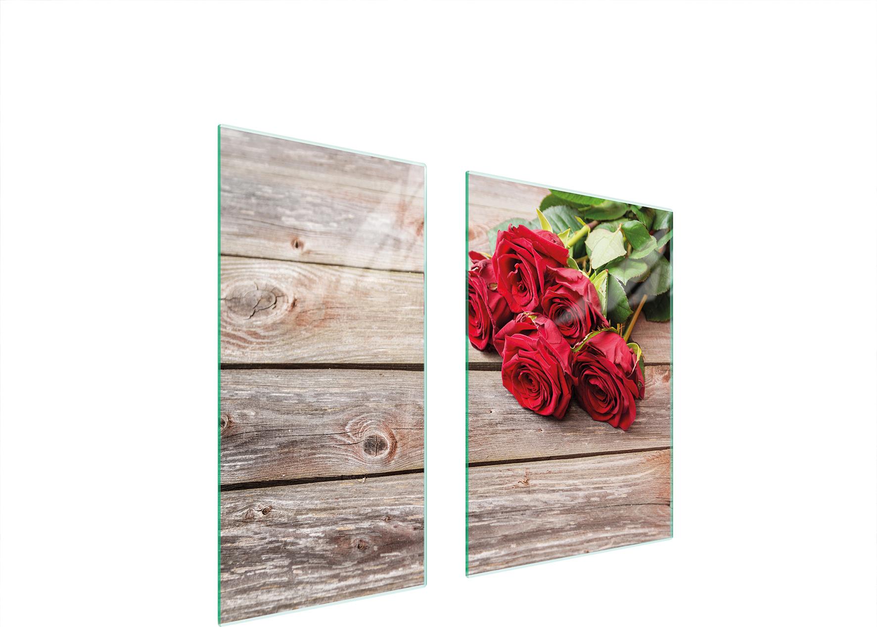 TMK ArtDeko Herdabdeckplatten 2 teilig 75x52 Ceranfeld Abdeckung Glas Schneidebrett Rosen Holz
