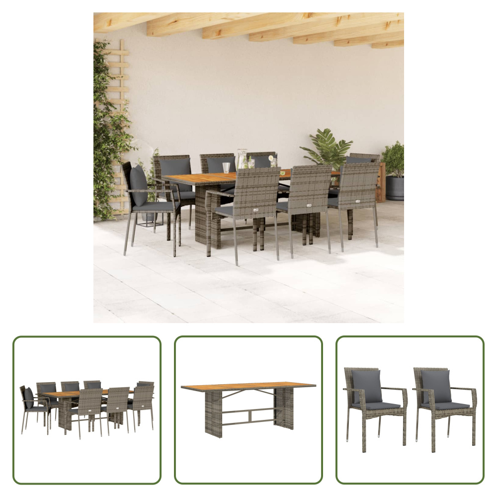 The Living Store 9-dielny záhradný jedálenský set s vankúšmi sivý polyratan