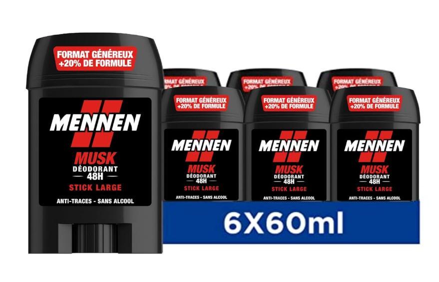 Mennen Musk Herren-Deodorant Stick 24 h – alkoholfrei, Anti-Weißspuren, breiter Ergonomischer Applikator, 60 ml - (6er Pack)