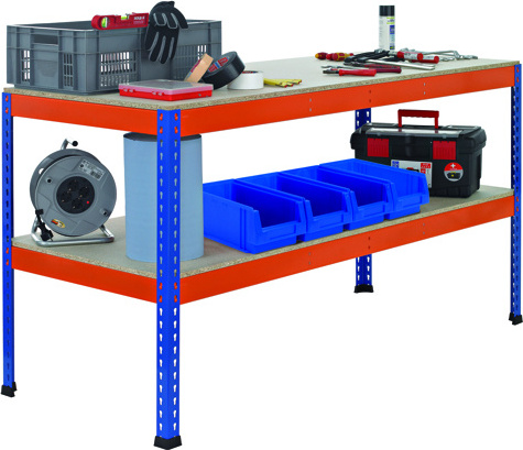 SCHULTE Lagertechnik Schulte Werkbank mit Lagerebene | HxBxT 99x184x77,3cm | Fachlast Arbeitsebene 320kg | Blau/Orange