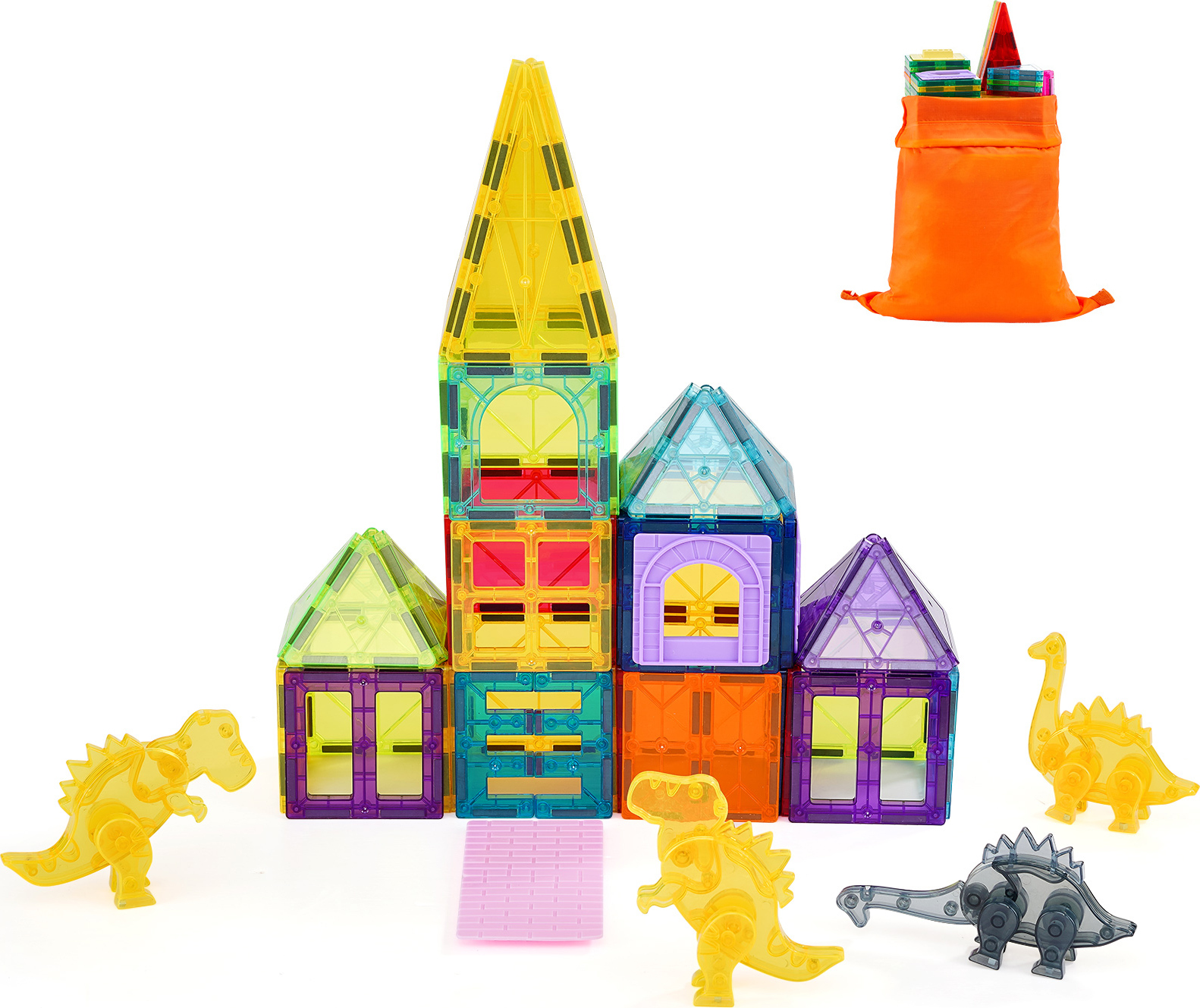 SucceBuy 56-teiliges Magnetplättchen-Set, Magnetbausteine in Tierform mit 4 Dinosauriern, STEM-Lernspielzeug für Kinder, sensorisches Stapelspielzeug für Kleinkinder, Jungen und Mädchen ab 3 Jahren