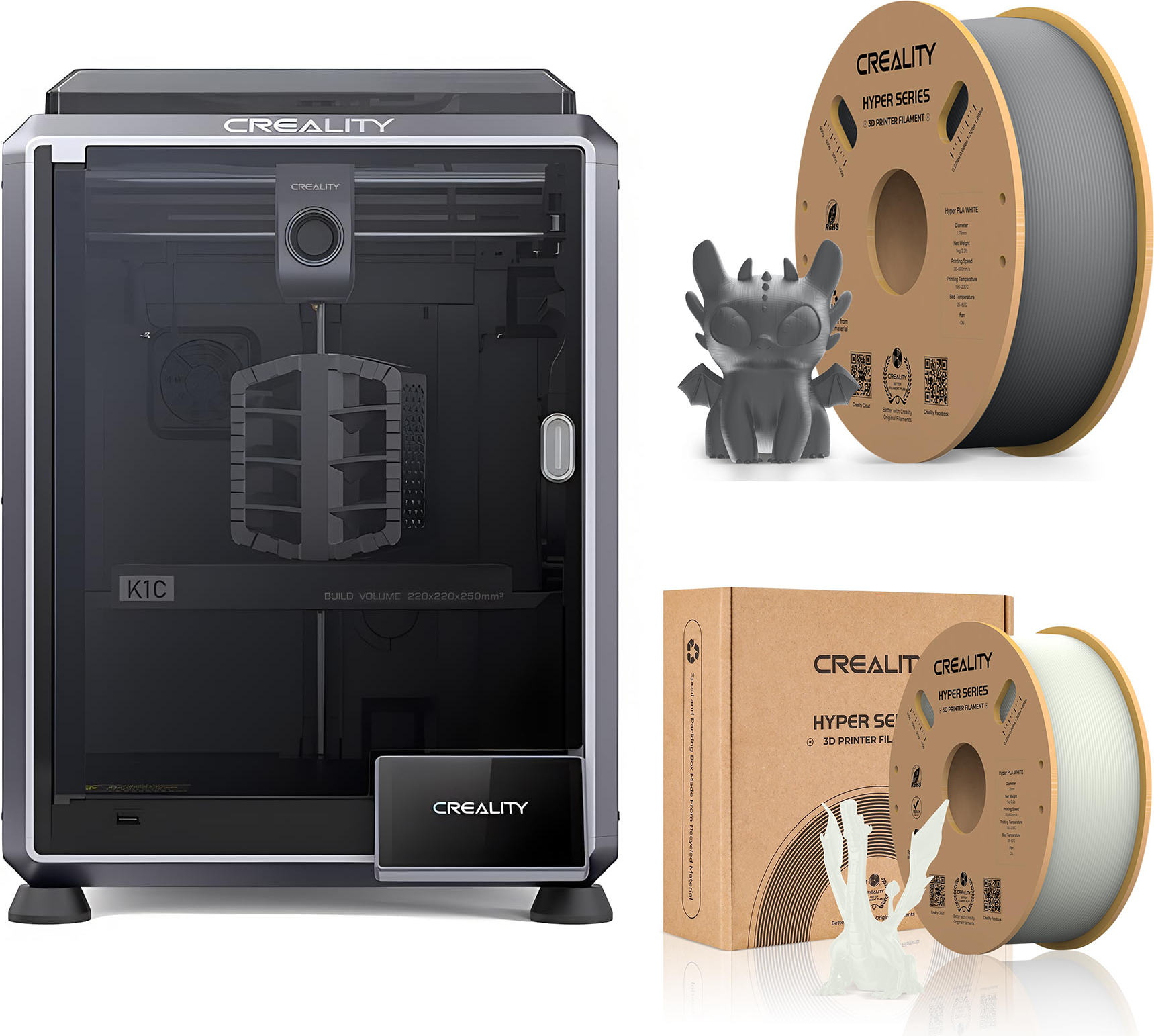 CREALITY 3D Creality K1C 3D Drucker, mit 2kg Creality Hyper PLA Filament--(Weiß+Grau)