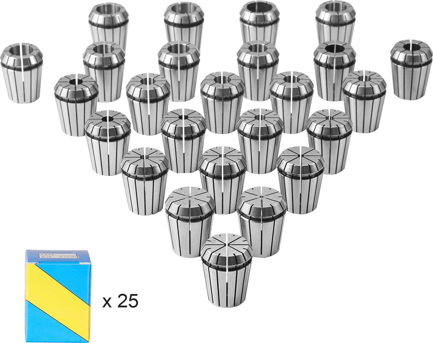 SucceBuy 25-dielna sada upínačov ER32, 1/16 palca až 13/16 palca, pružinové upínacie skľučovadlo, sústružnícky nástroj TIR 0,0006 palca/15 μm s 25 označenými úložnými boxmi pre CNC frézovacie a gravírovacie stroje