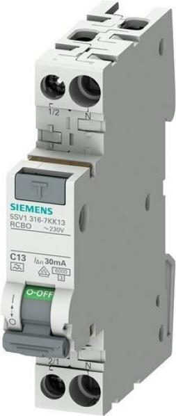 Siemens FI/LS kompakt 1TE 6kA Typ A 30mA C13, Residual-current device with overcurrent protection (RCBO), Typ A, 6 A, IP20, 230/195 V 5SV1316-7KK13
