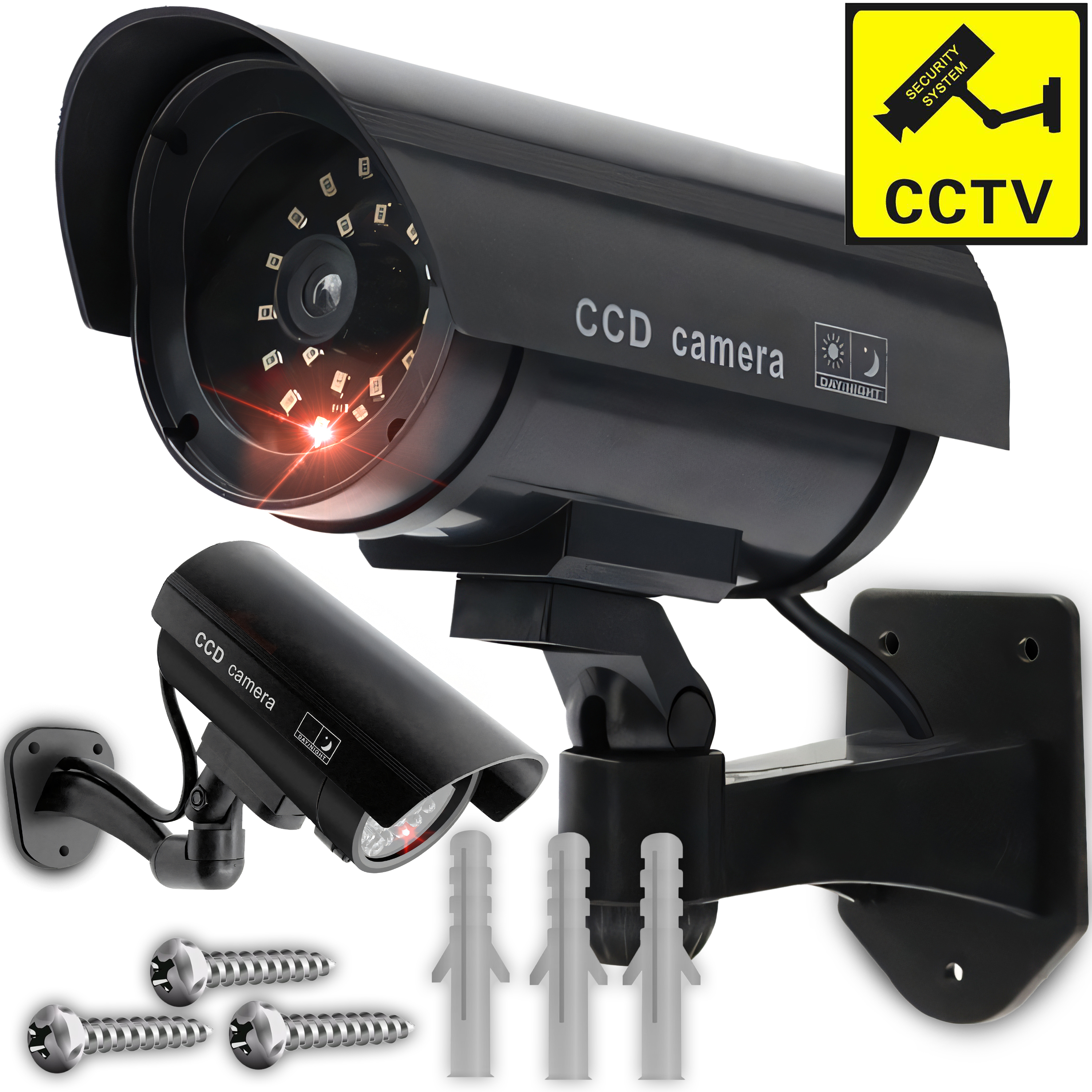 Kamera Attrappe mit LED Blinklicht, Dummy Fake Überwachung für Innen, Außen als Alarmanlage, Überwachungskamera Schwarz Retoo E057-2