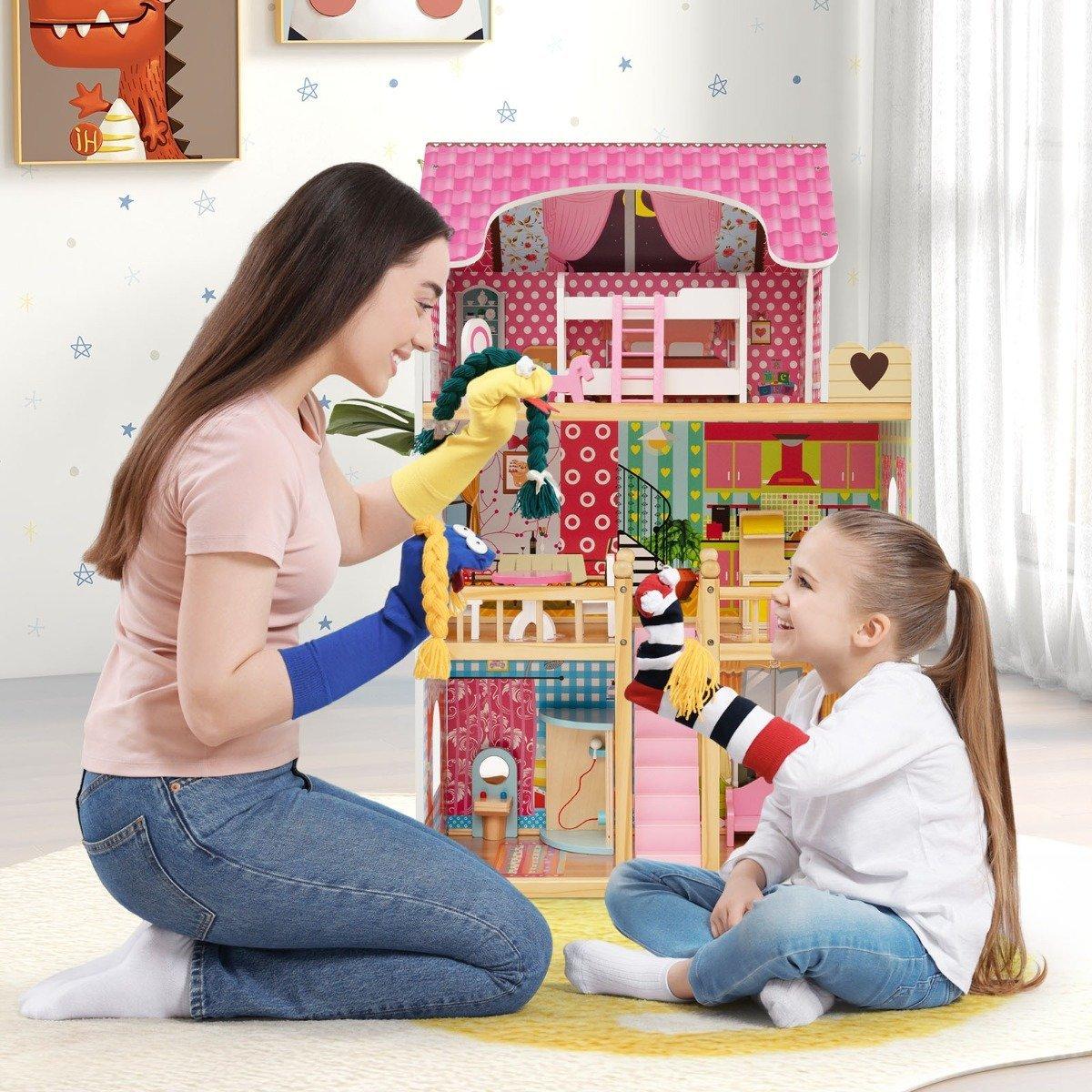 Northix Puppenhaus aus Holz mit 3 Etagen, 15 Möbelstücken, 6 Zimmern